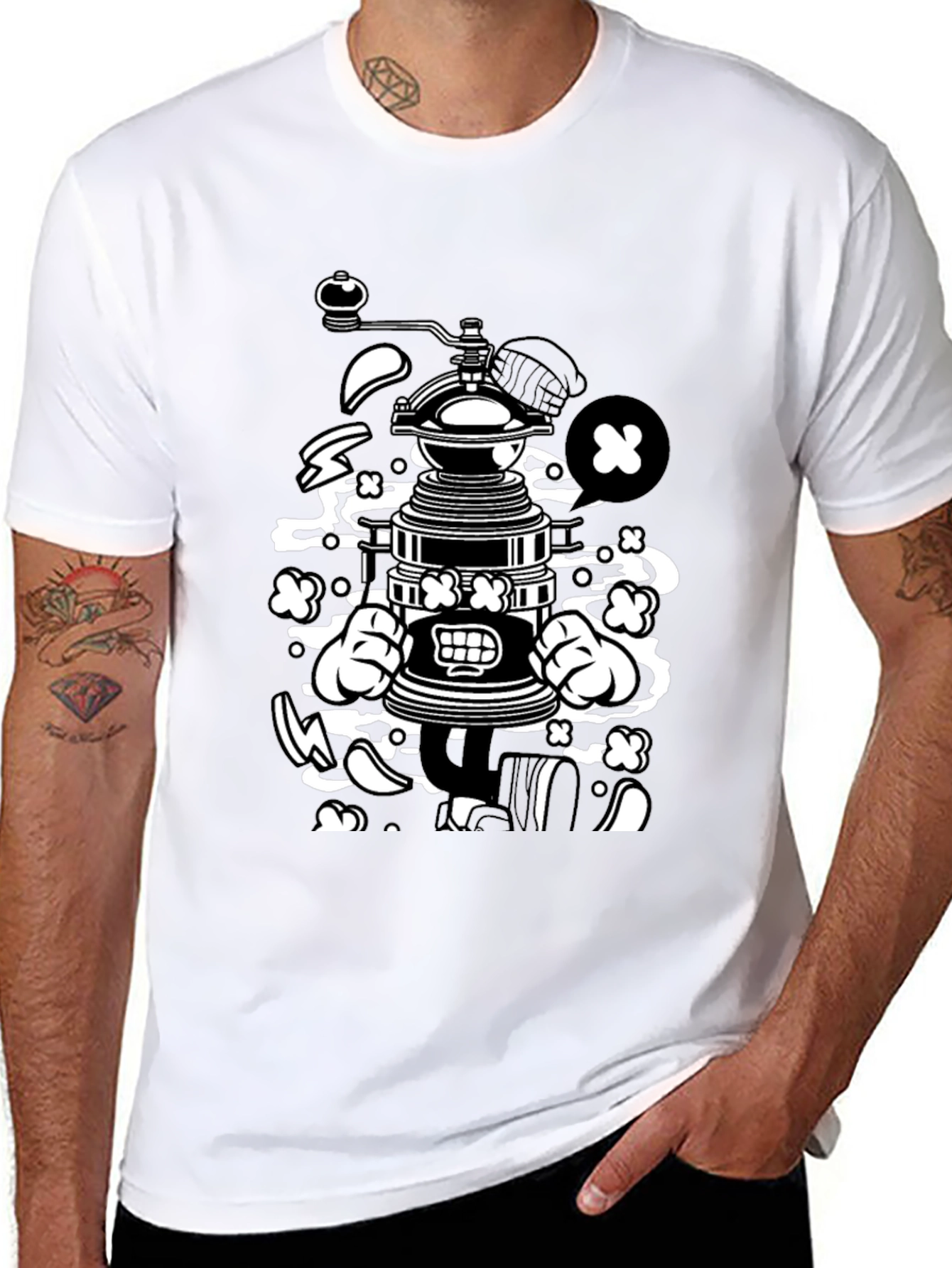 Cartoon Coffee Grinder Graphic Tee - Black