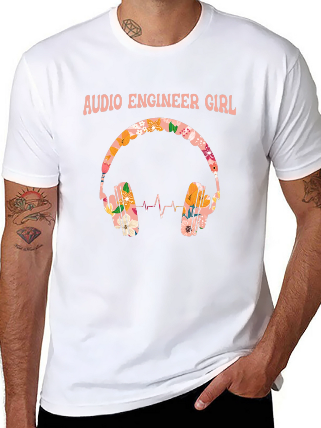 Audio Engineer Girl Floral Headphone Black T-Shirt