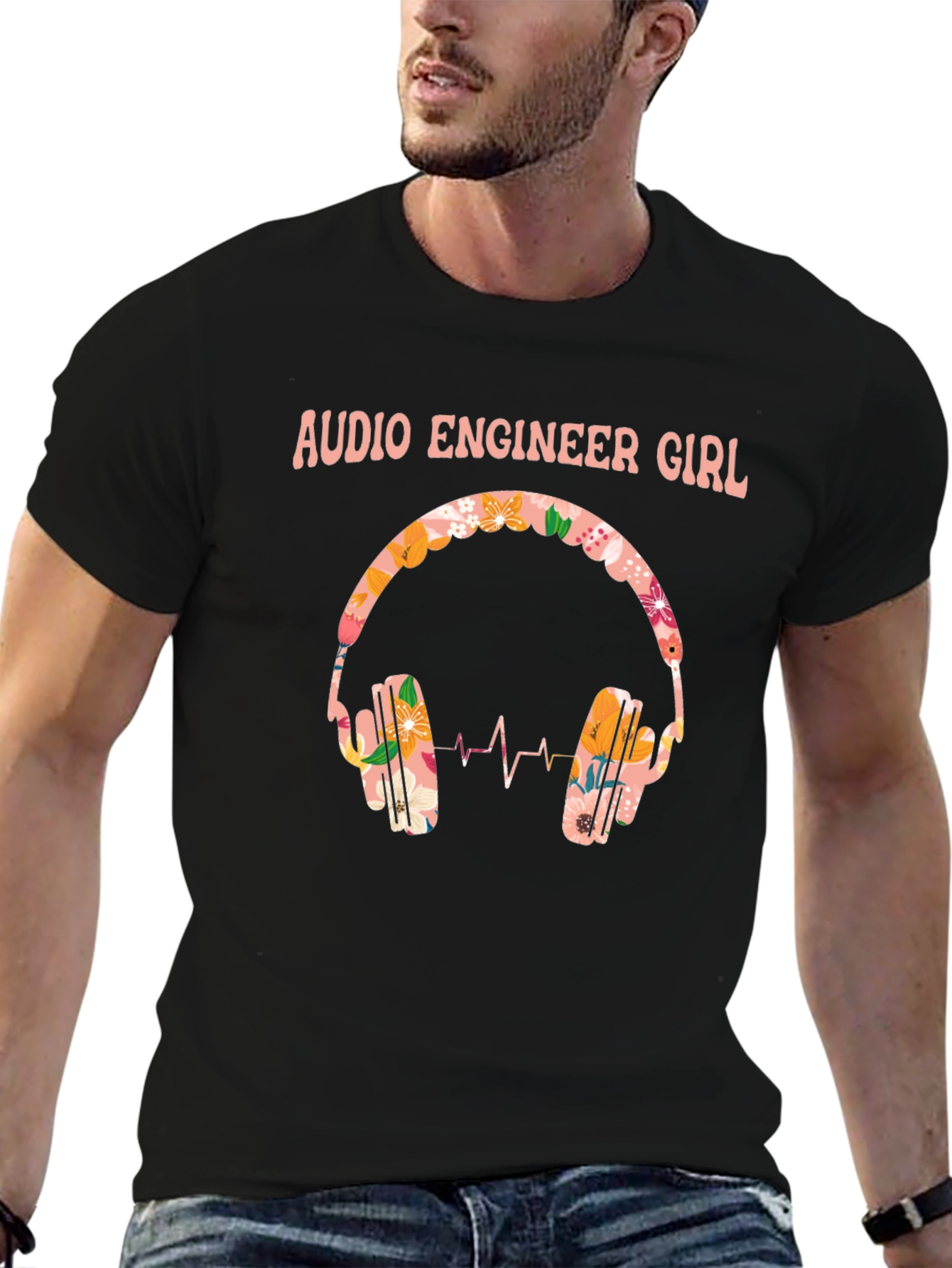 Audio Engineer Girl Floral Headphone Black T-Shirt