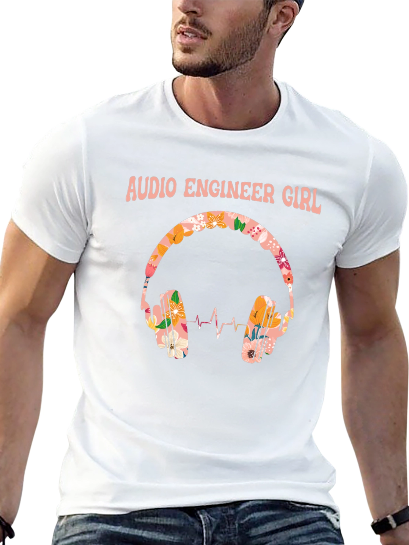 Audio Engineer Girl Floral Headphone Black T-Shirt