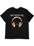 Audio Engineer Girl Floral Headphone Black T-Shirt