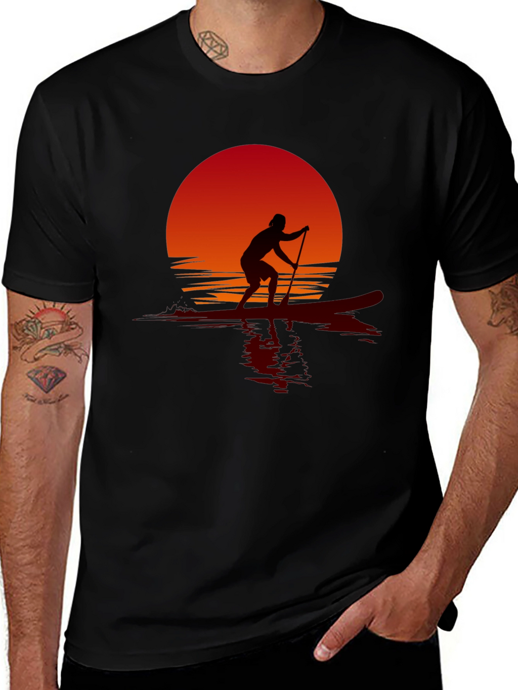 Sunset Paddle Boarder Black T-Shirt