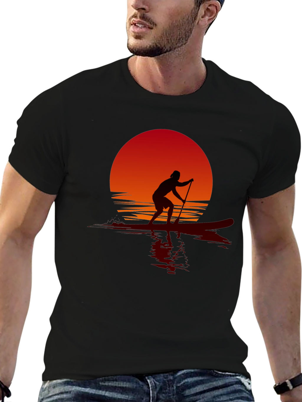 Sunset Paddle Boarder Black T-Shirt