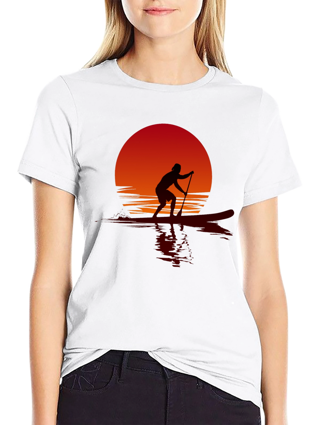 Sunset Paddle Boarder Black T-Shirt