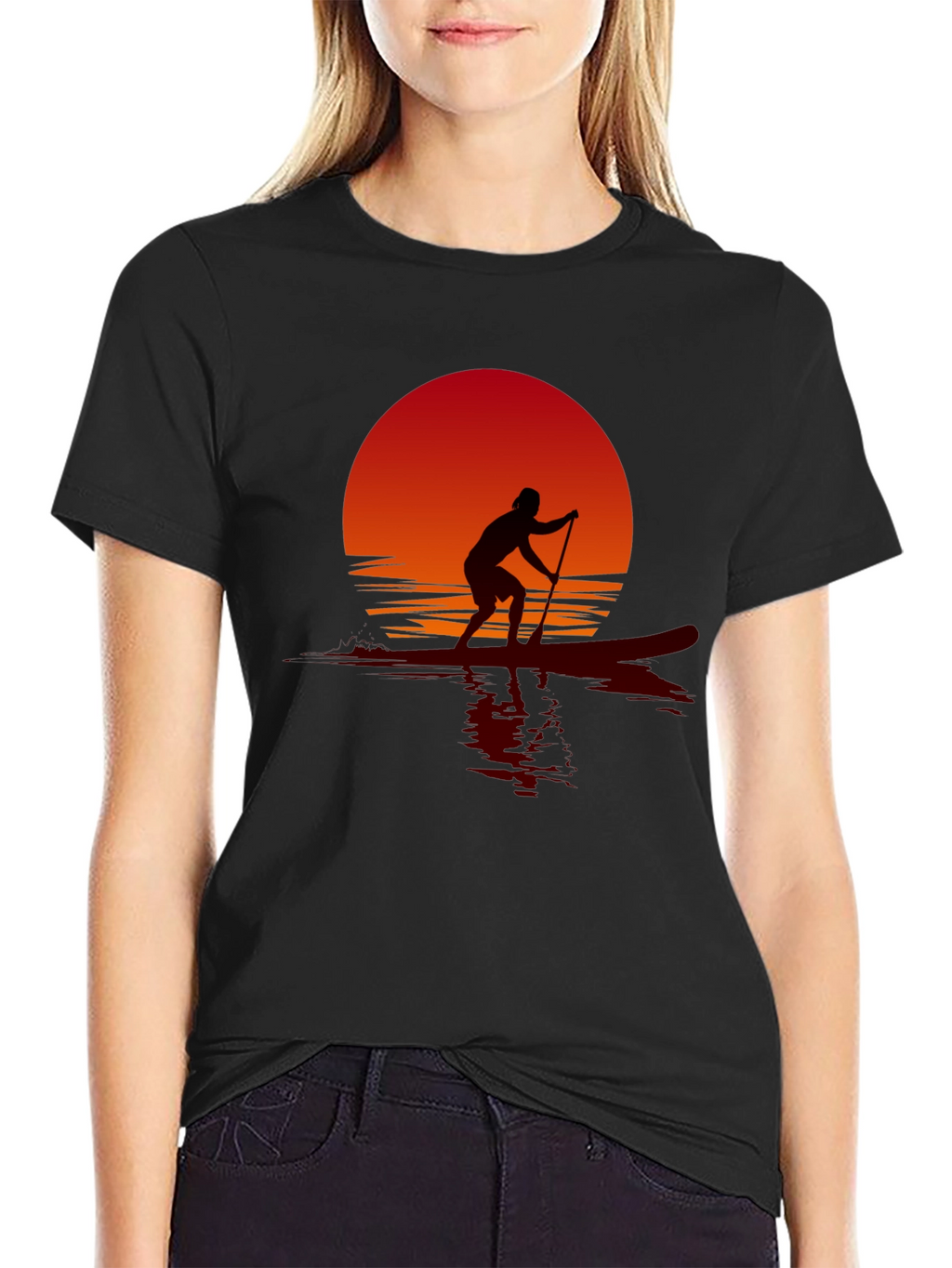 Sunset Paddle Boarder Black T-Shirt