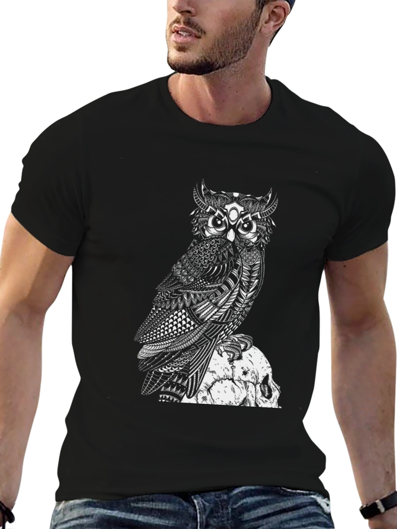 Owl and Skull Graphic Black T-Shirt