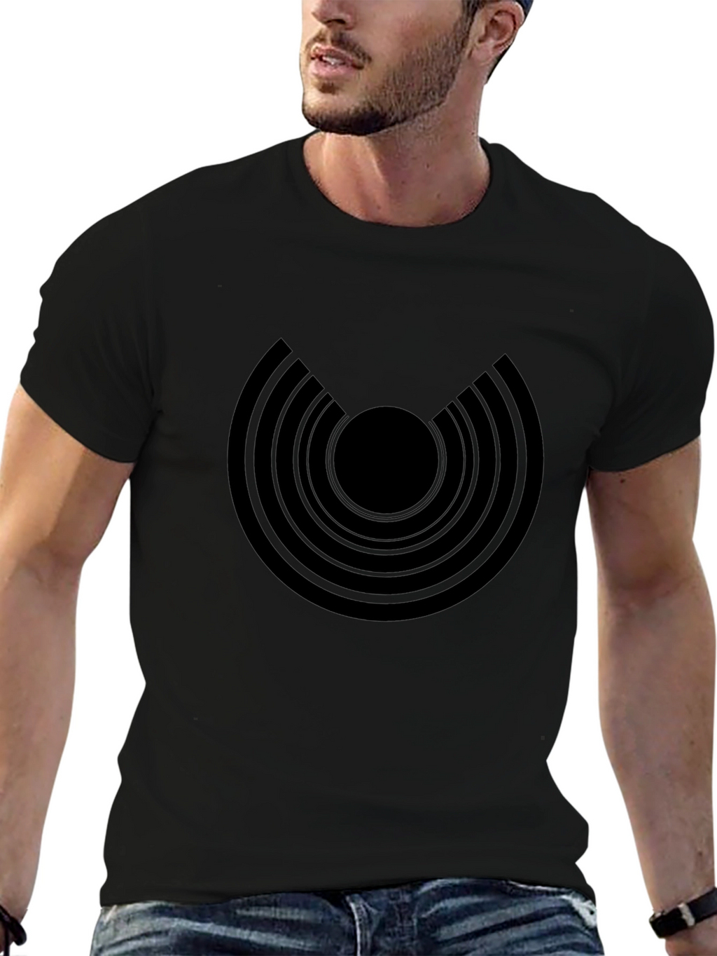 Modern Graphic Tee: Black Concentric Circle Design