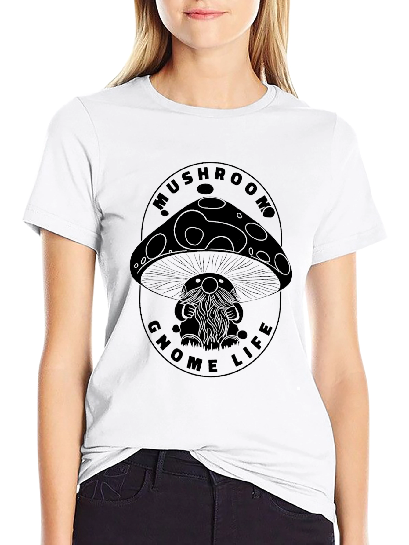 Mushroom Gnome Life Graphic Tee - Black Cotton Blend