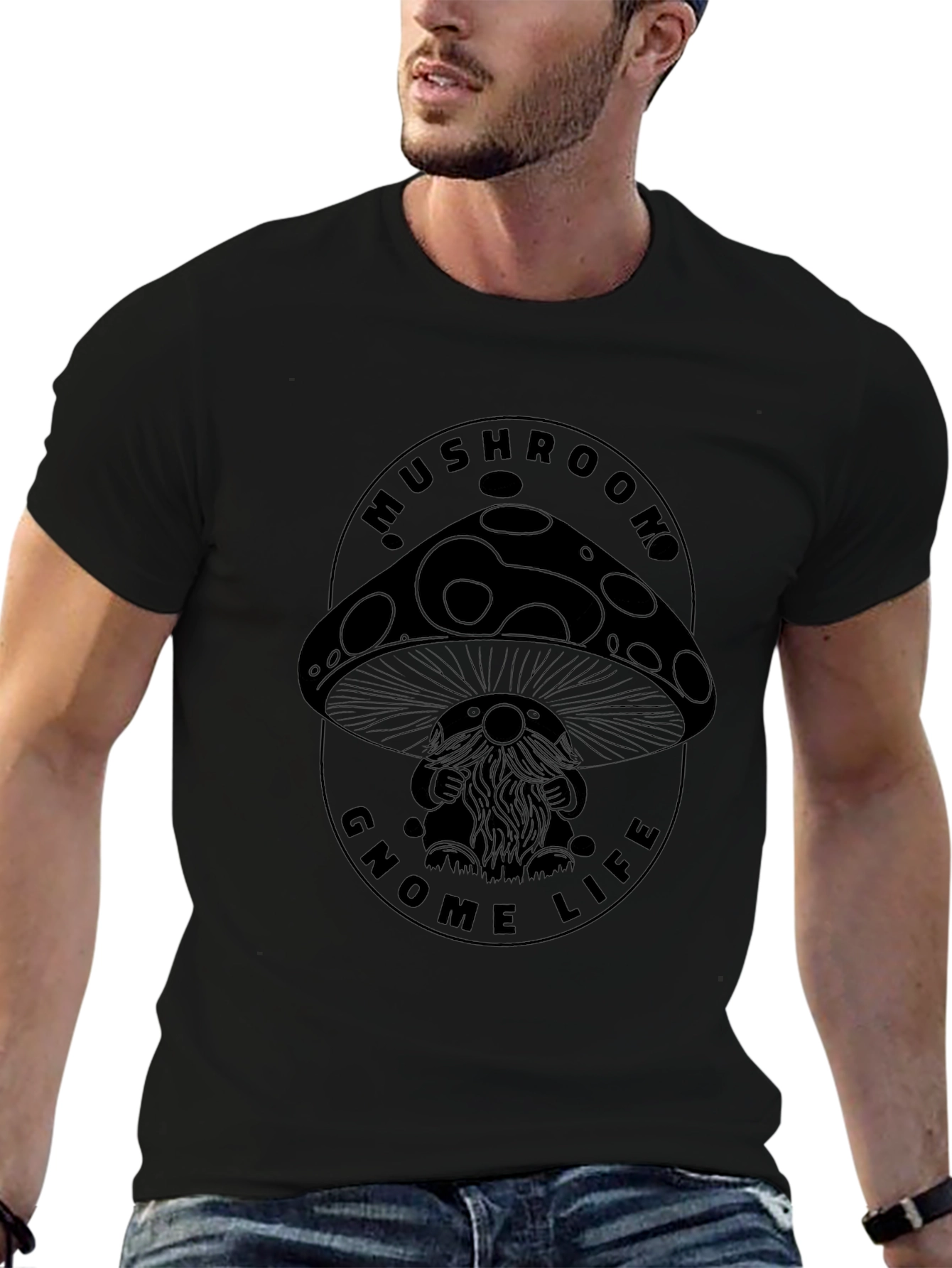 Mushroom Gnome Life Graphic Tee - Black Cotton Blend