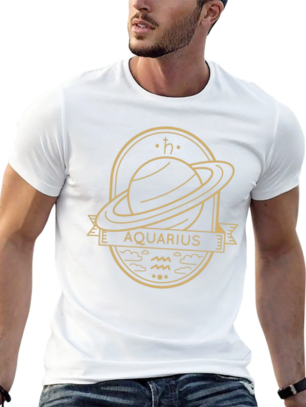 Aquarius Zodiac Graphic Tee - Saturn Design Black T-Shirt