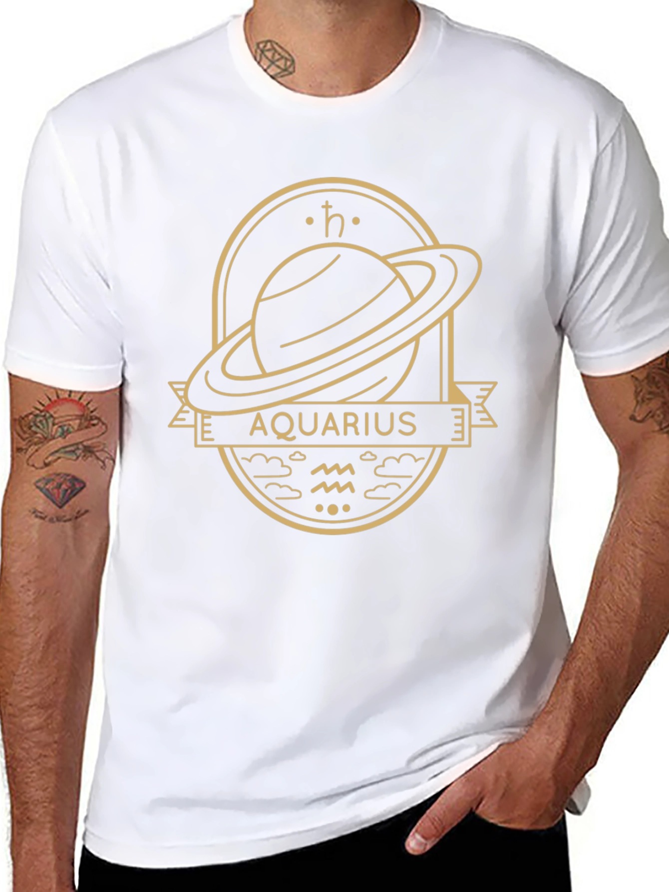Aquarius Zodiac Graphic Tee - Saturn Design Black T-Shirt