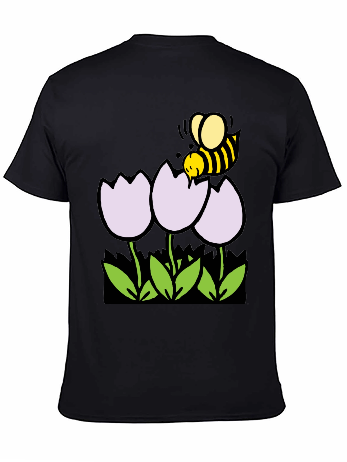 Bee and Flowers Graphic T-Shirt - Black Casual Tee