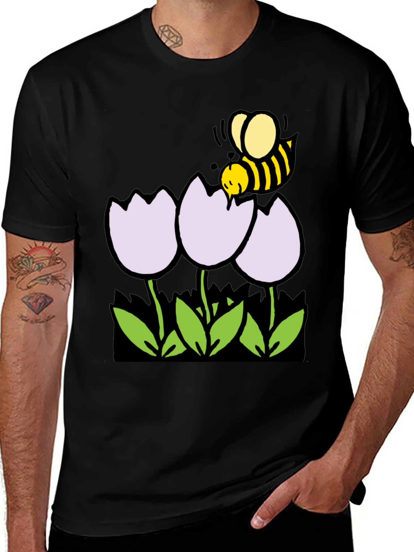 Bee and Flowers Graphic T-Shirt - Black Casual Tee