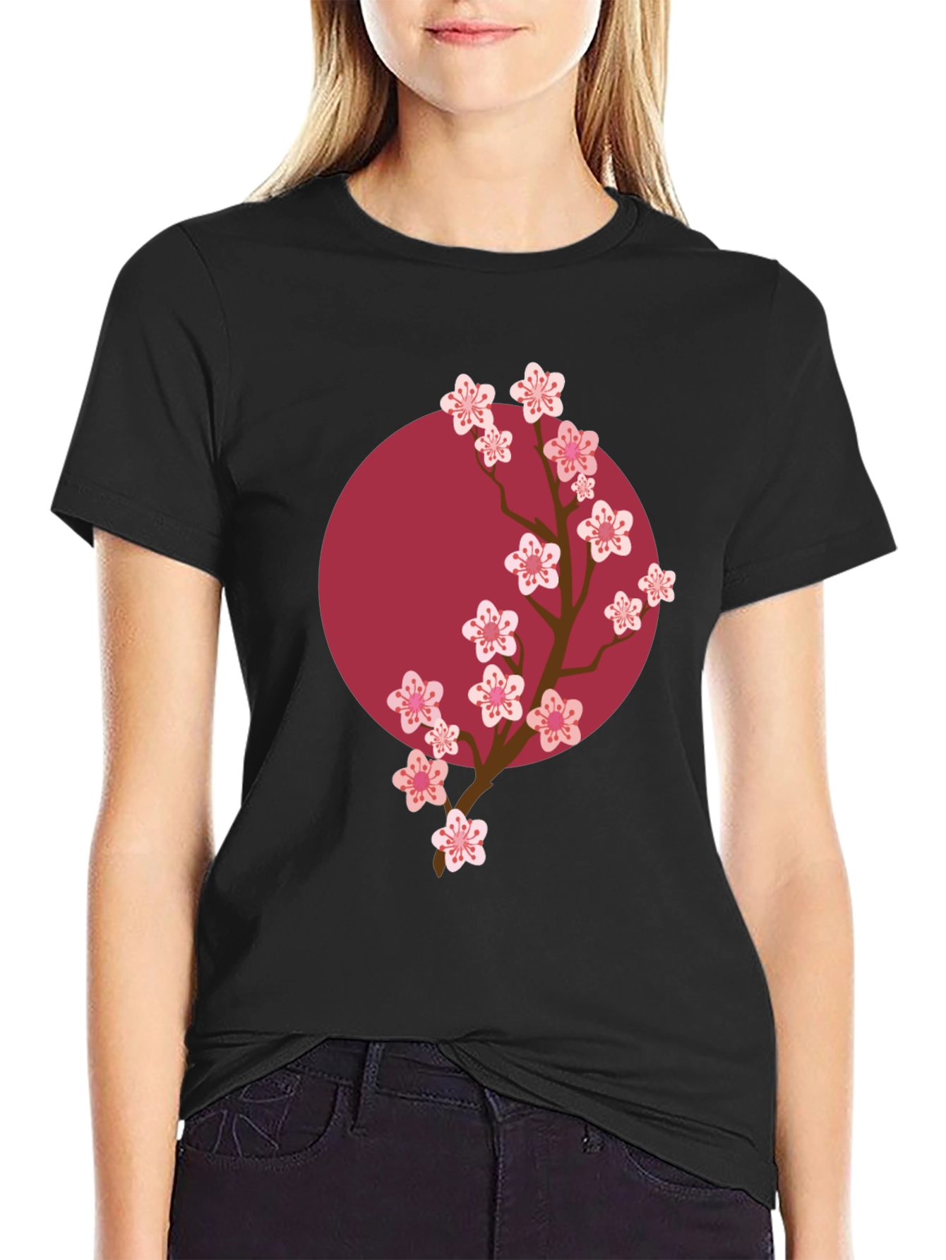 Sakura Bloom Graphic Tee - Black Cotton Casual Shirt