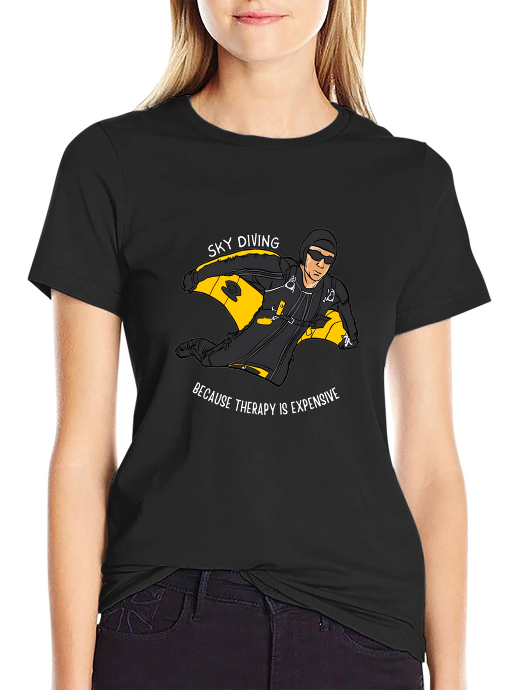 Sky Diving Therapy Black Graphic T-Shirt