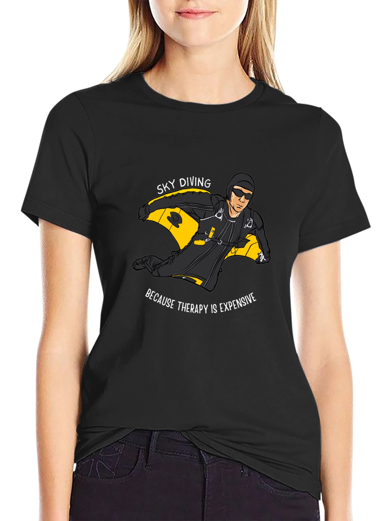 Sky Diving Therapy Black Graphic T-Shirt