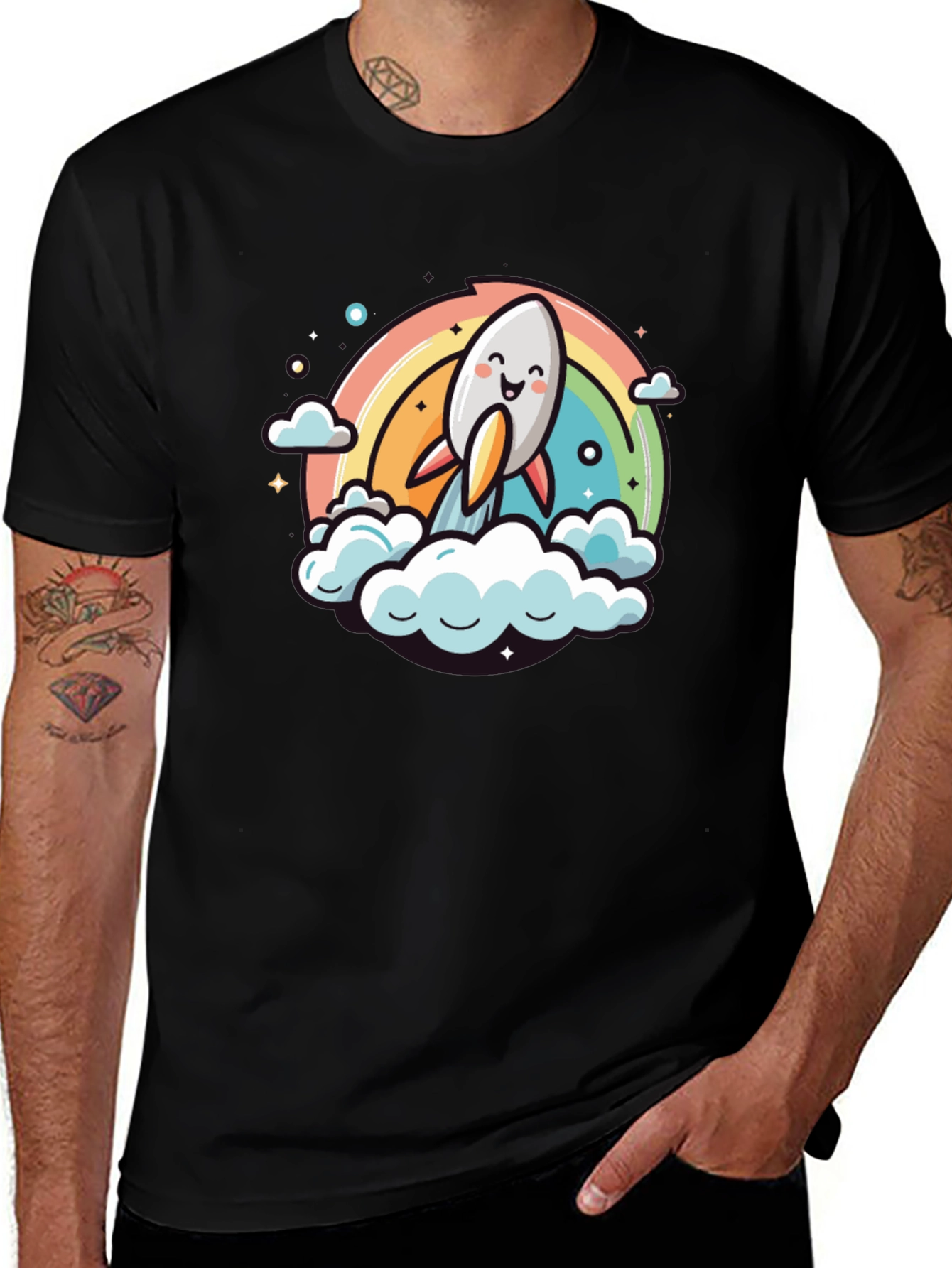 Cute Cartoon Rocket Rainbow T-Shirt