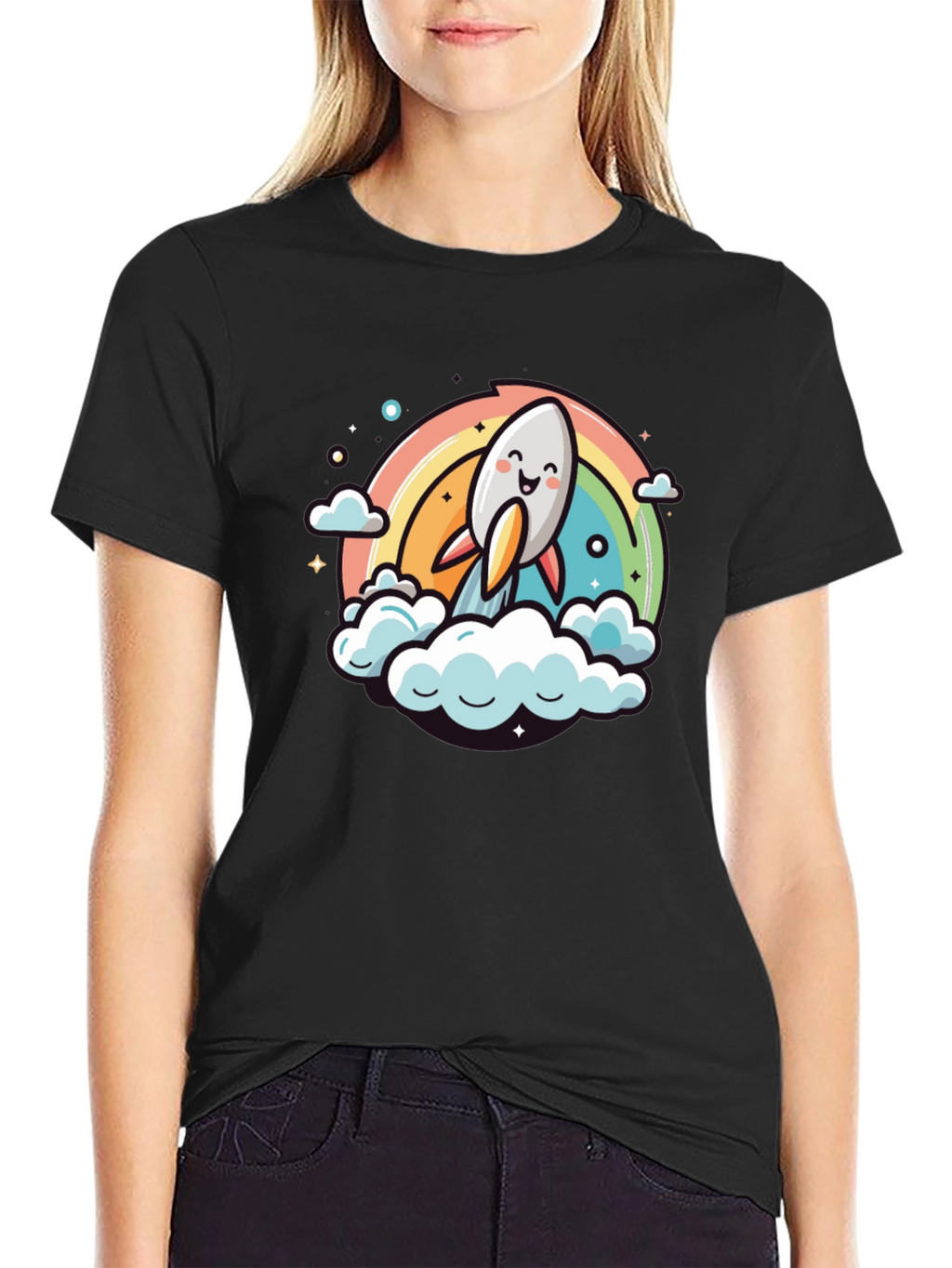 Cute Cartoon Rocket Rainbow T-Shirt