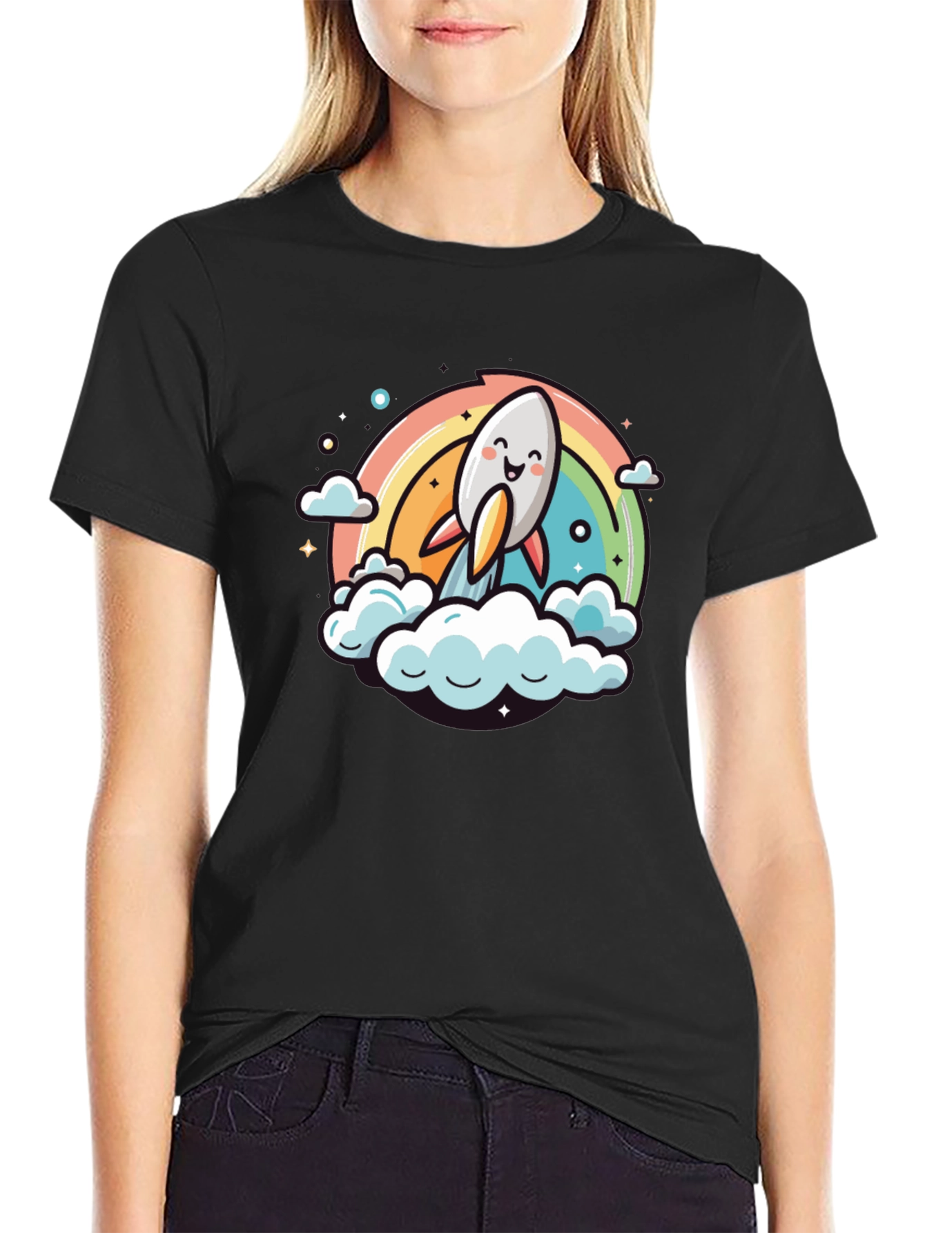 Cute Cartoon Rocket Rainbow T-Shirt