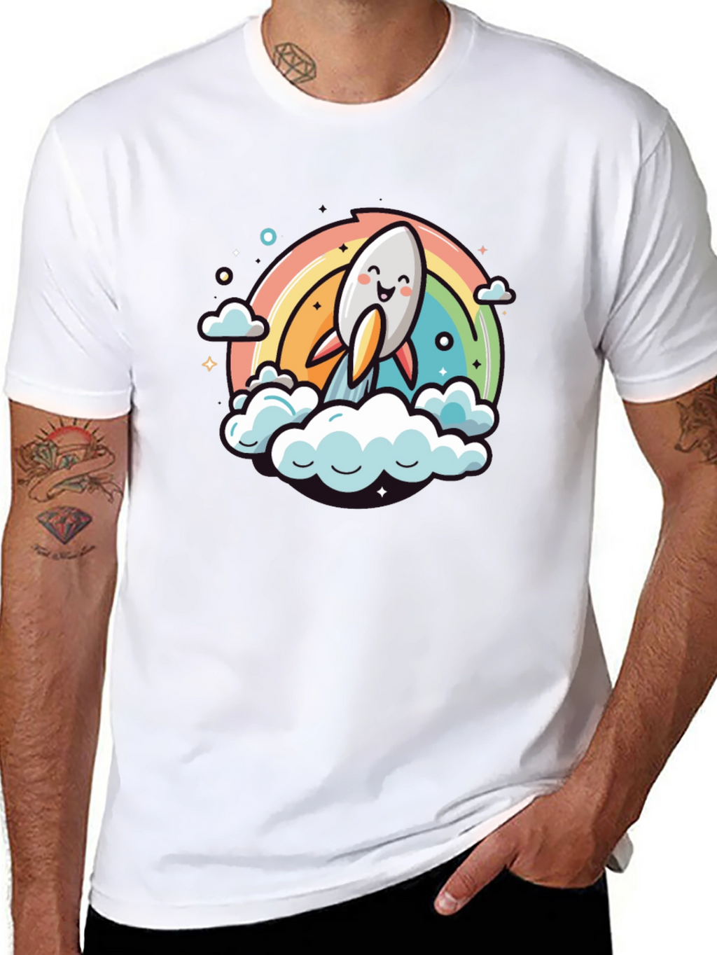 Cute Cartoon Rocket Rainbow T-Shirt