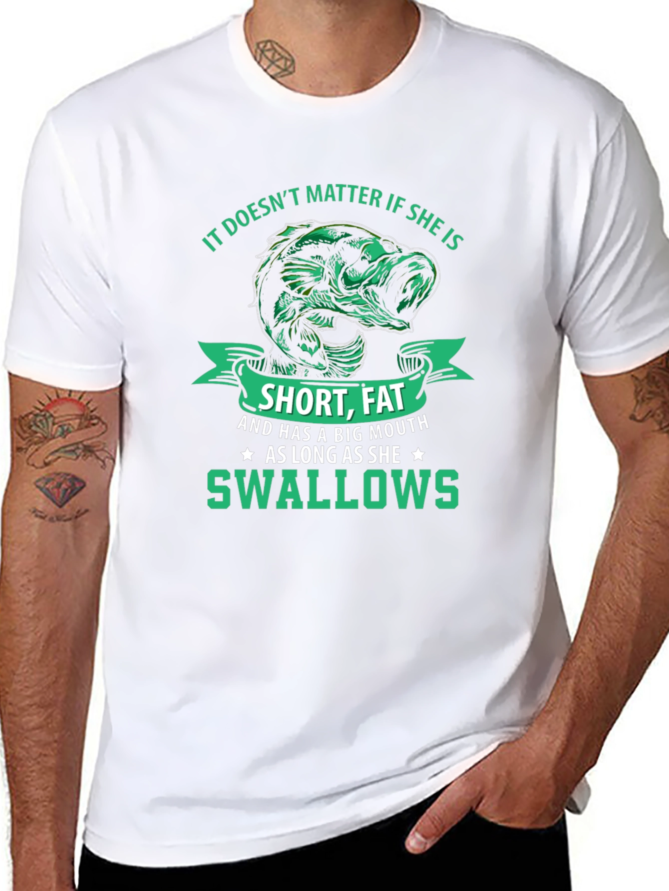 Funny Fishing T-Shirt: Short Fat Big Mouth Swallows