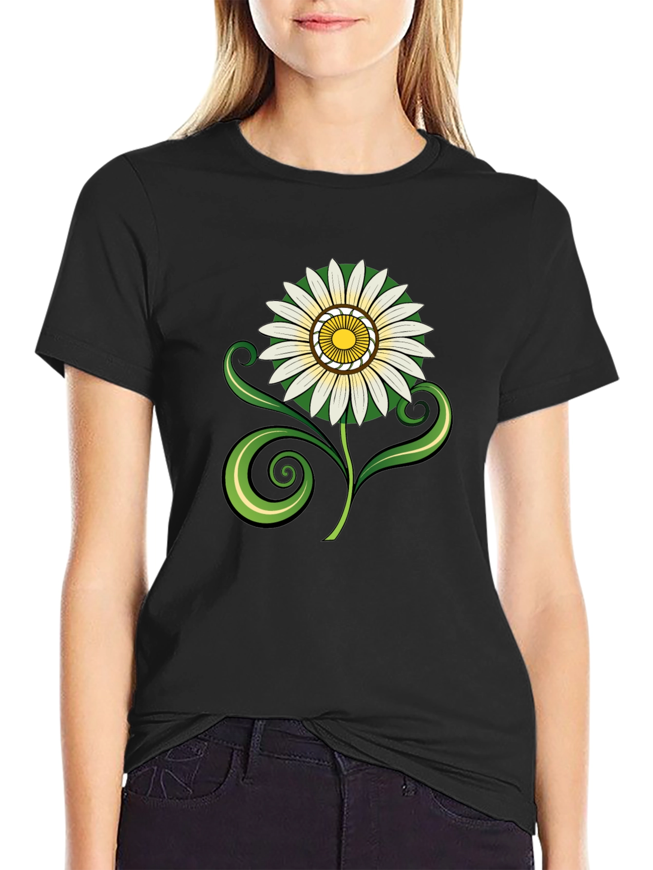 Black T-Shirt with White & Yellow Flower Graphic