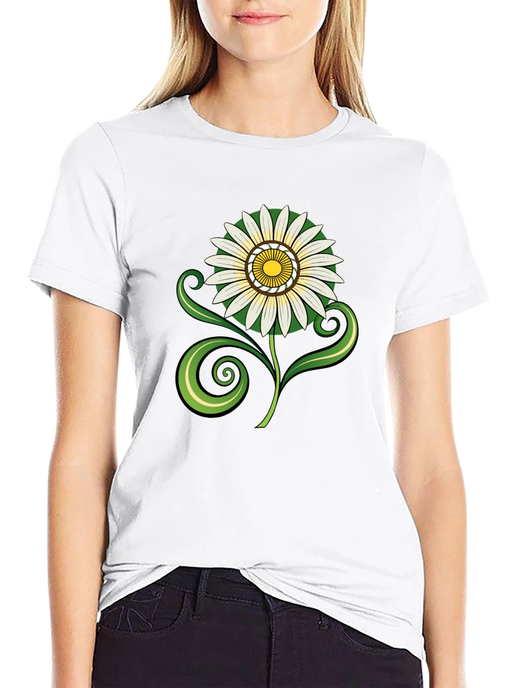 Black T-Shirt with White & Yellow Flower Graphic