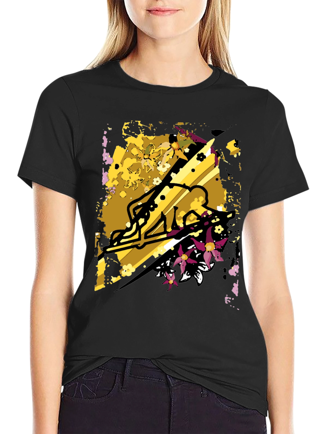 Abstract Floral Skater Graphic Tee - Black