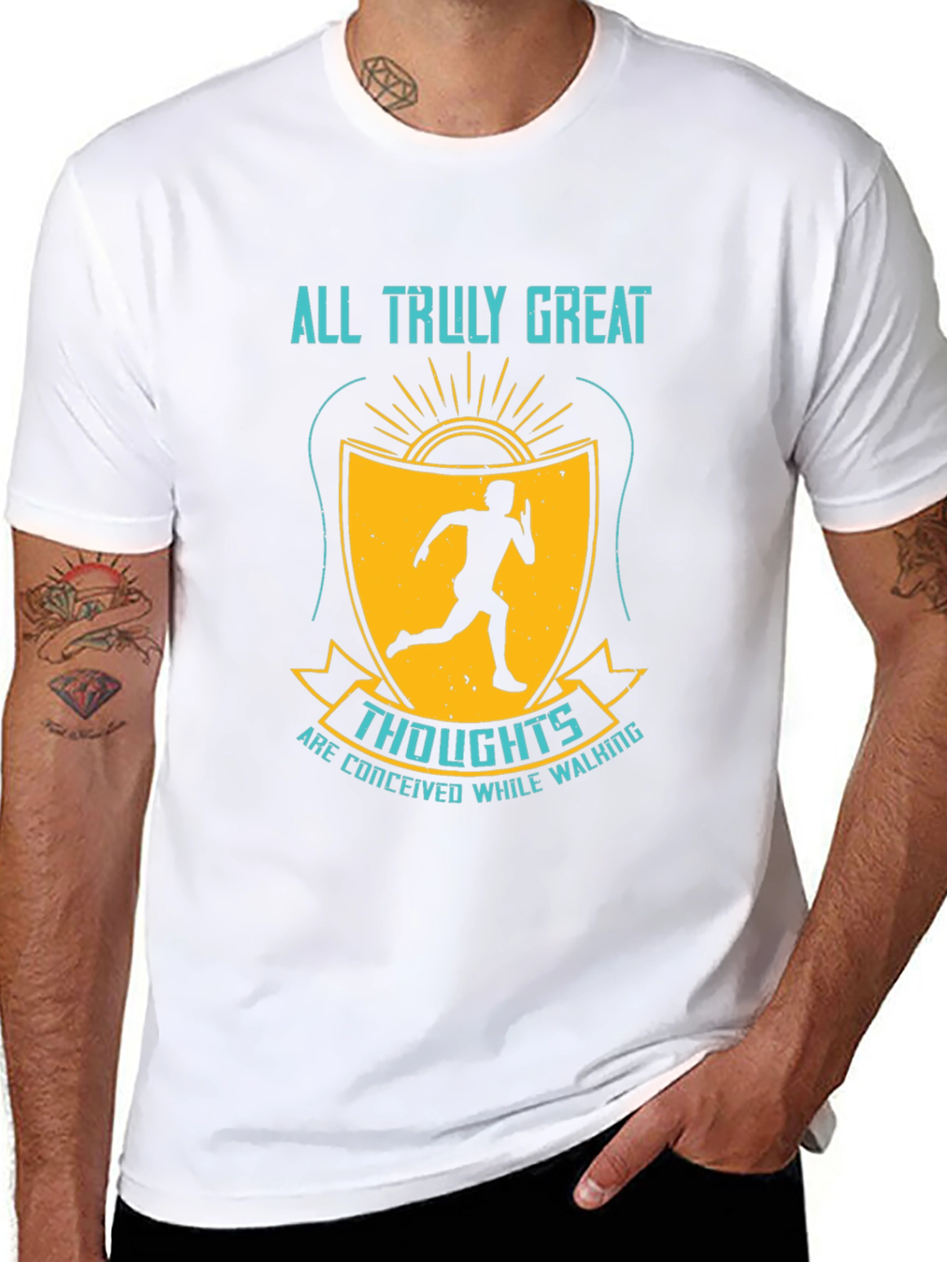 Inspirational Running T-Shirt - Great Thoughts While Walking