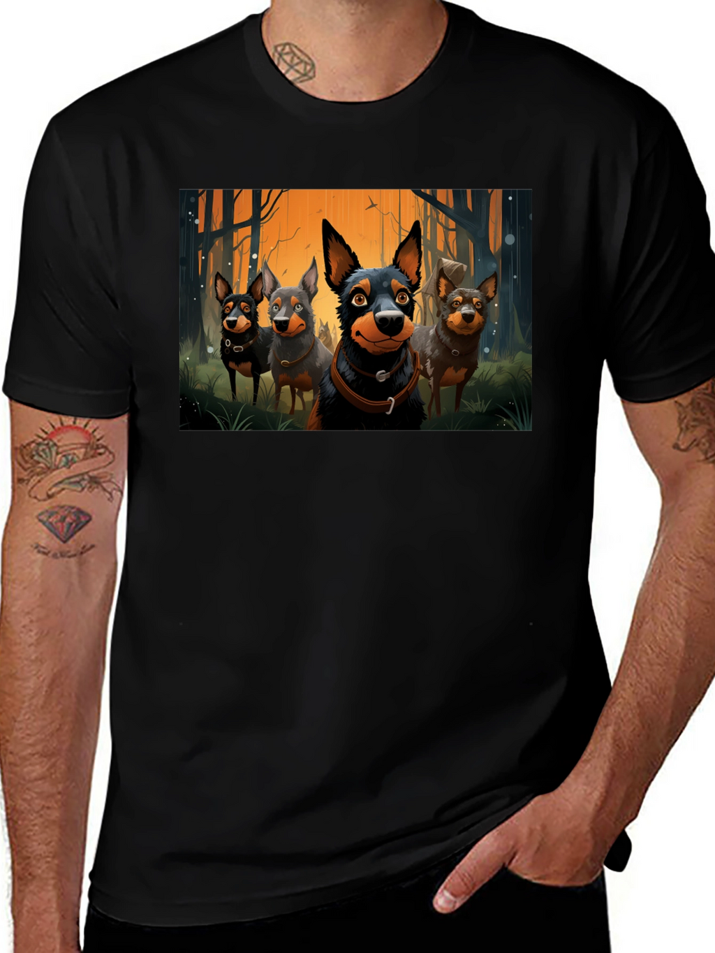 Cartoon Dog Pack T-Shirt - Black