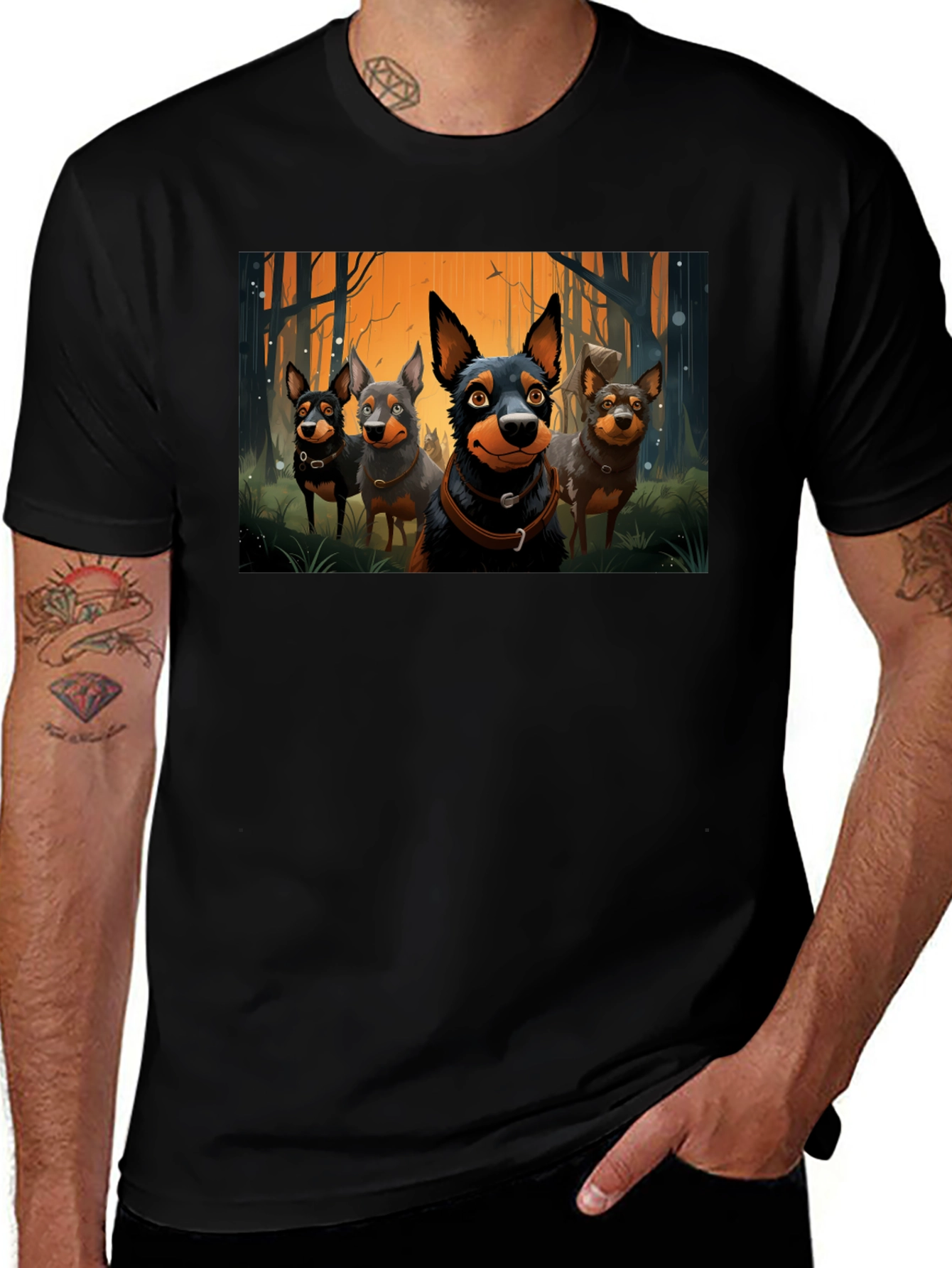 Cartoon Dog Pack T-Shirt - Black