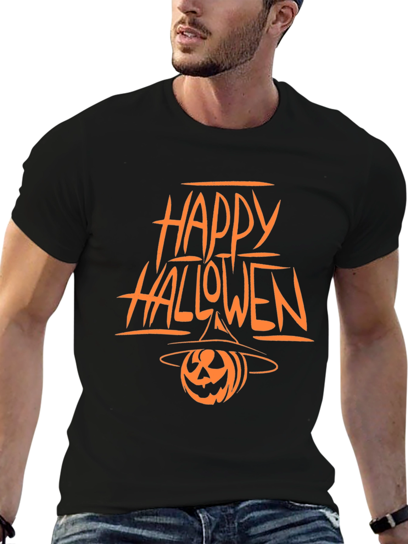 Happy Halloween Pumpkin Witch Hat Black T-Shirt