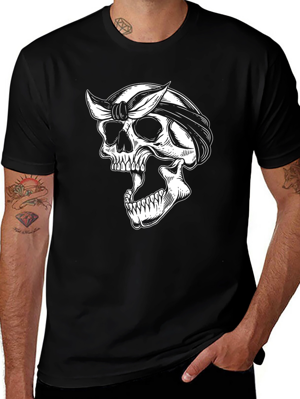 Skull Bandana Graphic Tee - Black Cotton T-Shirt