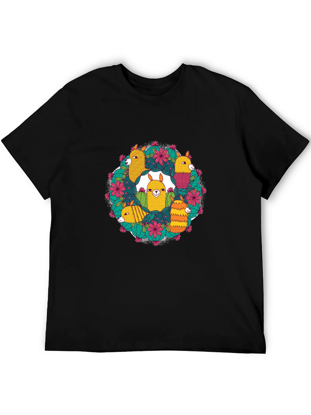 Llama Cactus Circle Black T-Shirt