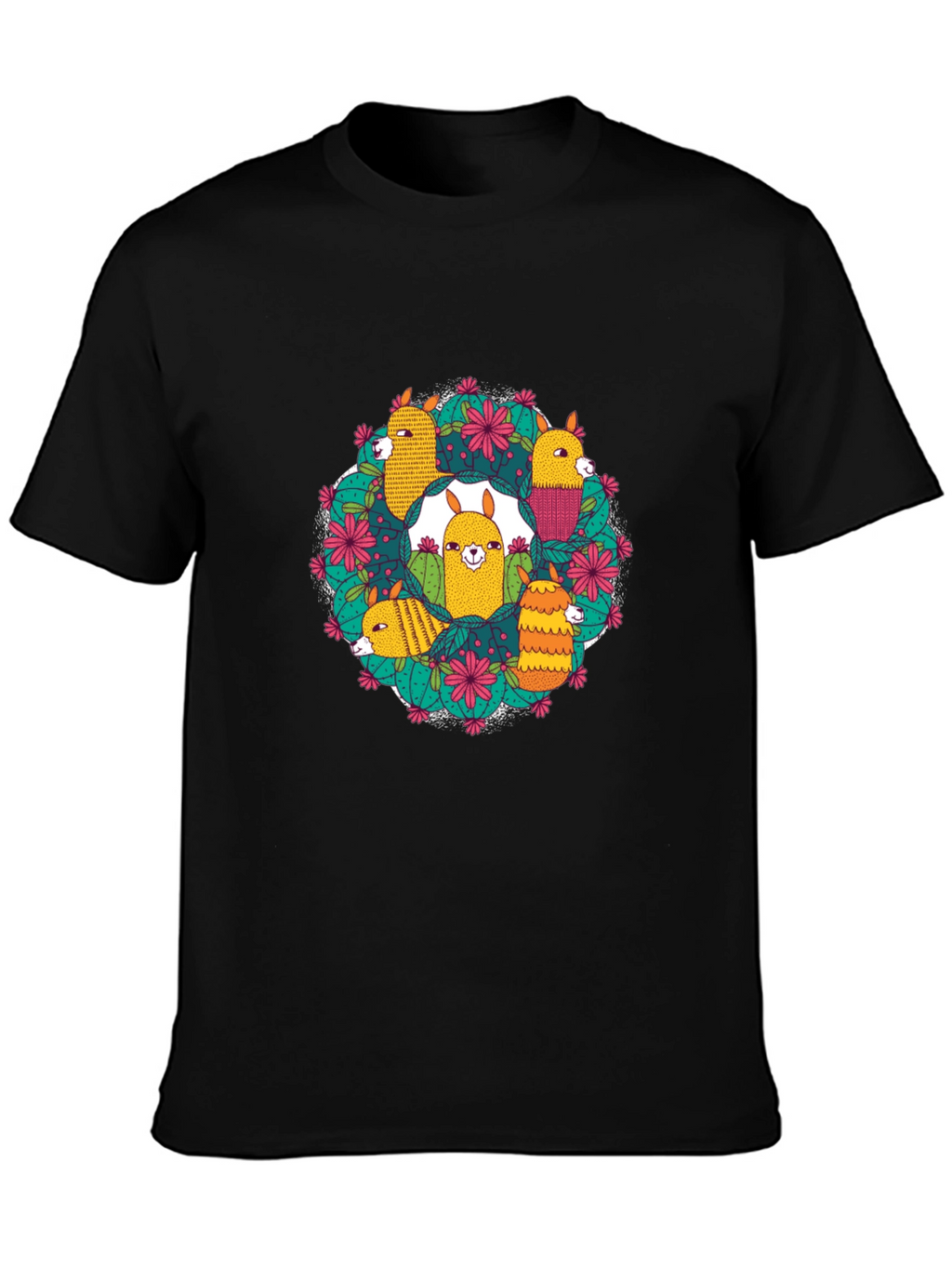 Llama Cactus Circle Black T-Shirt