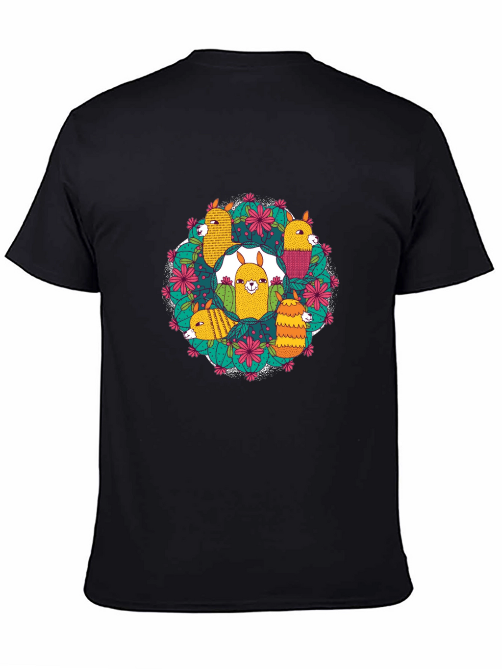 Llama Cactus Circle Black T-Shirt