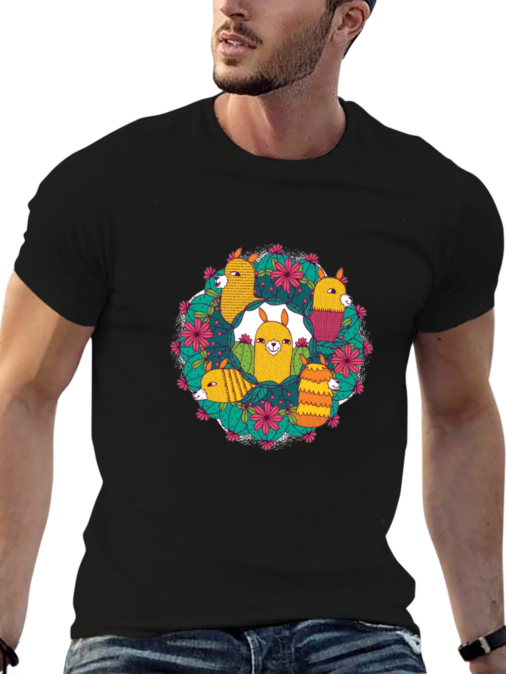 Llama Cactus Circle Black T-Shirt