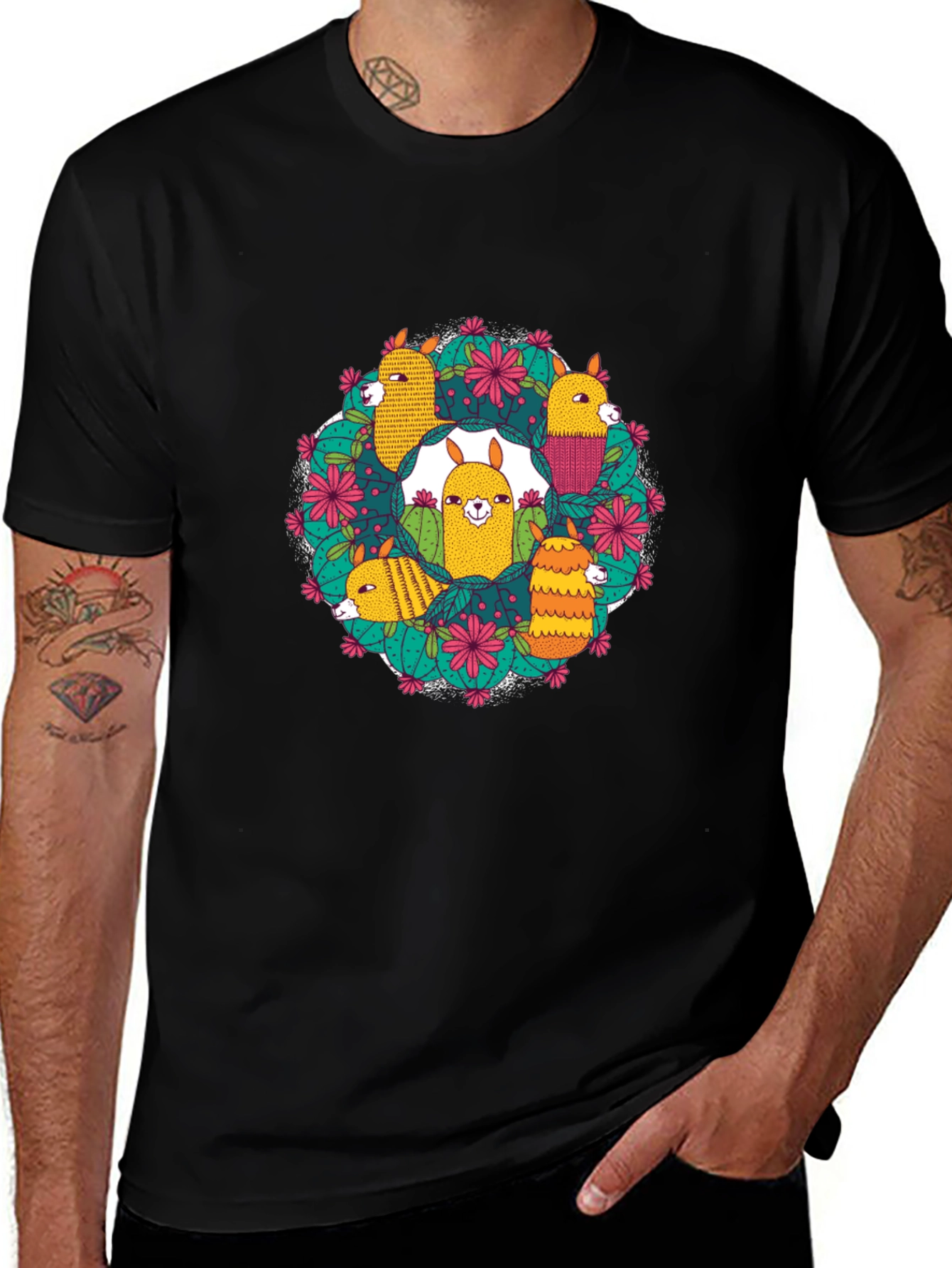 Llama Cactus Circle Black T-Shirt