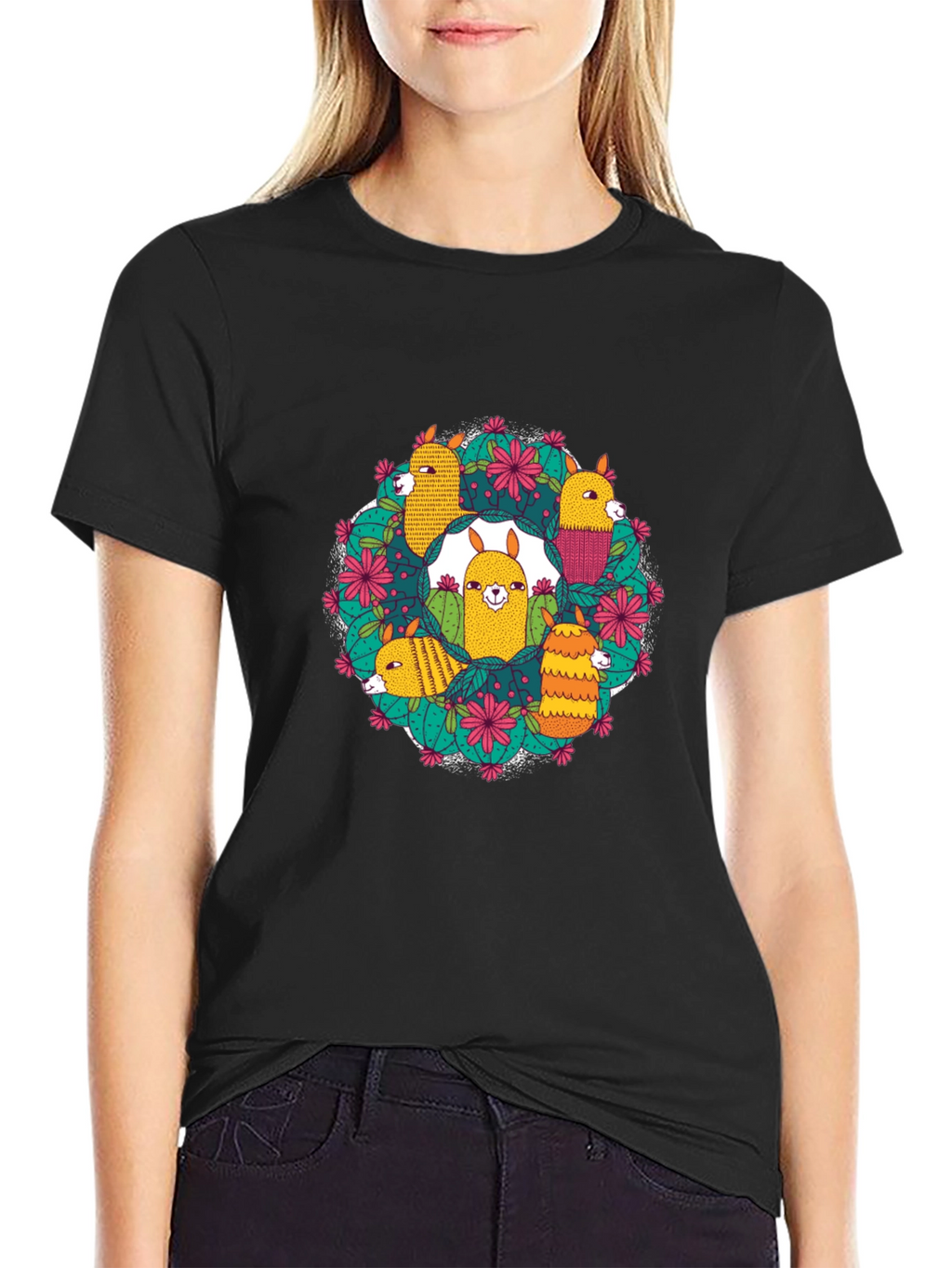Llama Cactus Circle Black T-Shirt