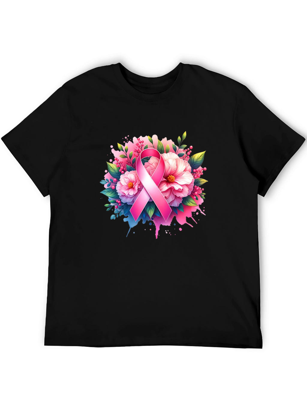 Breast Cancer Awareness T-Shirt Floral Pink Ribbon