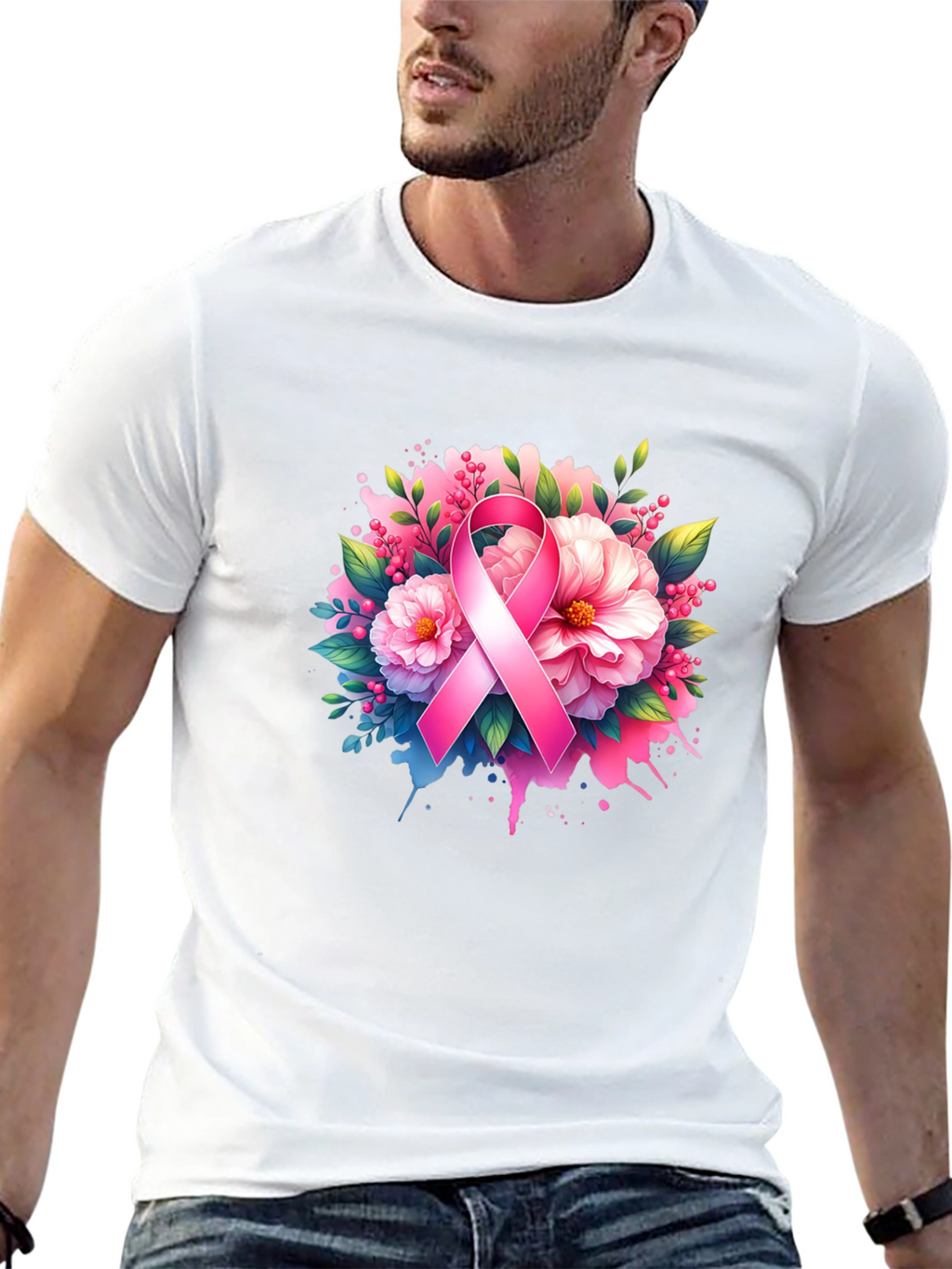 Breast Cancer Awareness T-Shirt Floral Pink Ribbon