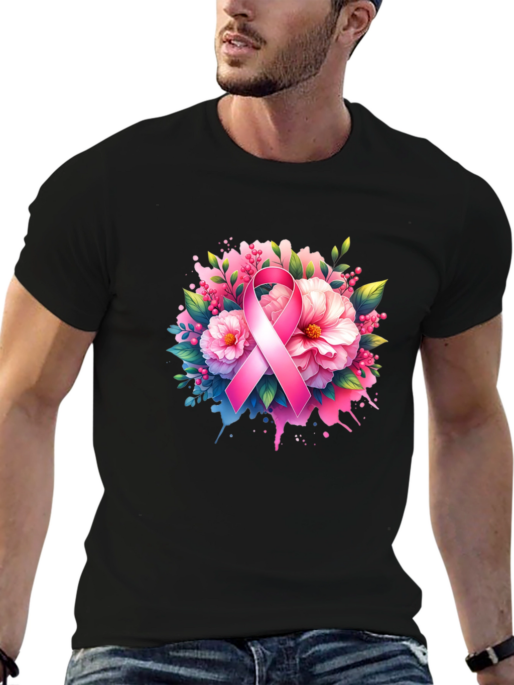 Breast Cancer Awareness T-Shirt Floral Pink Ribbon