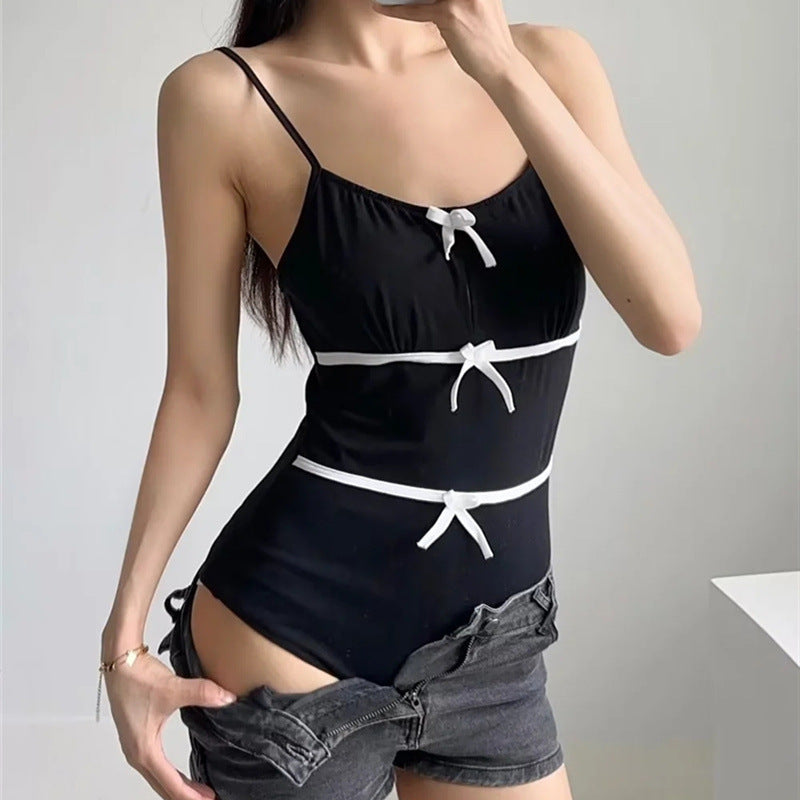Bow embellished suspender jumpsuit