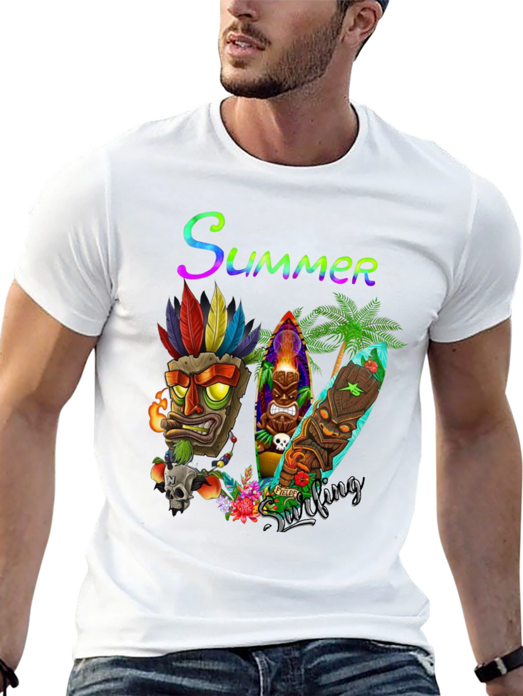 Summer Surfing Tiki Mask T-Shirt