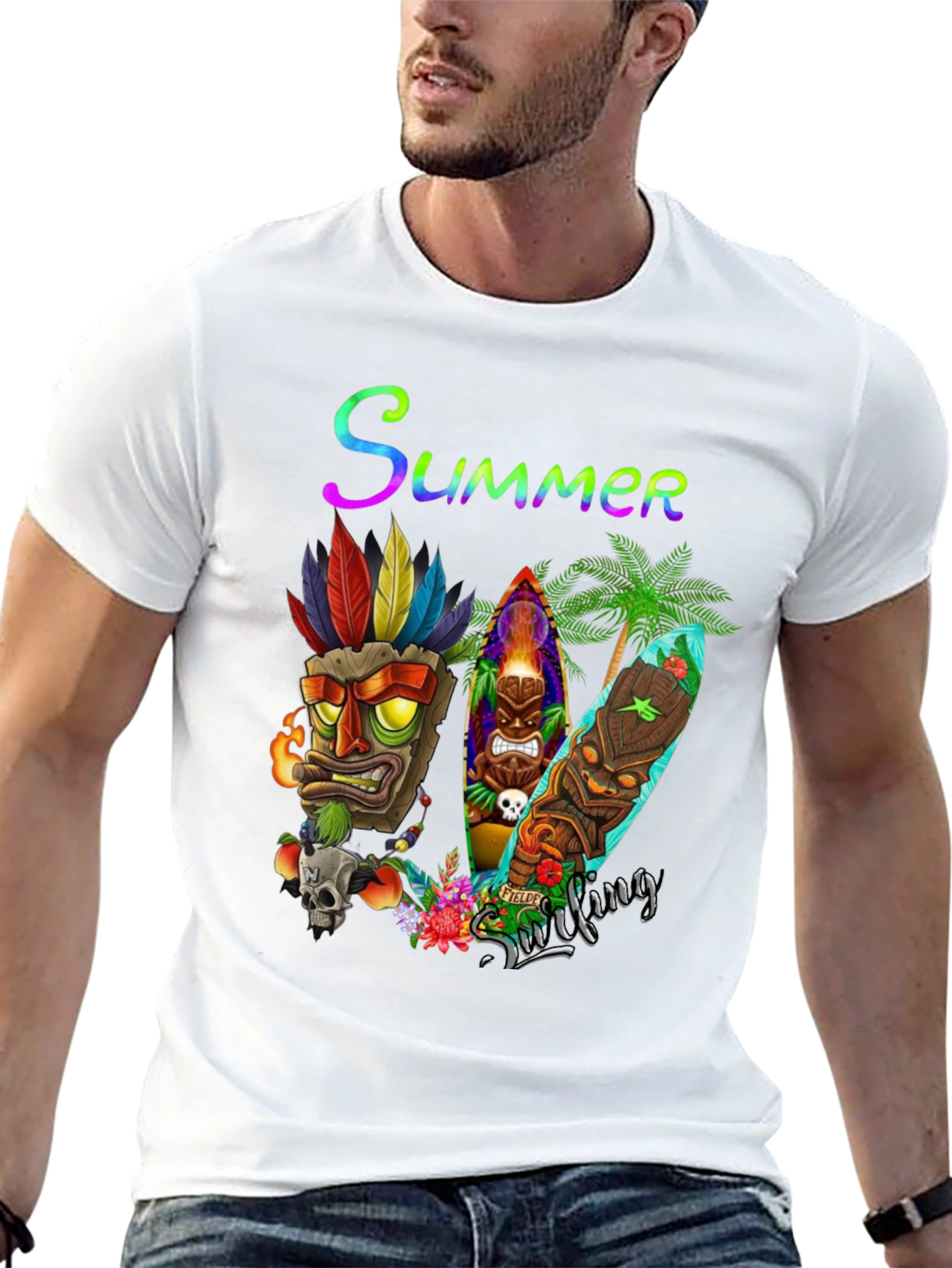 Summer Surfing Tiki Mask T-Shirt