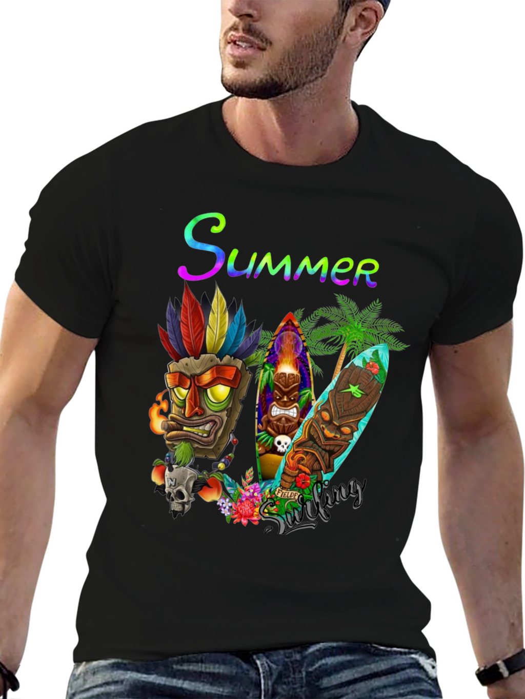 Summer Surfing Tiki Mask T-Shirt