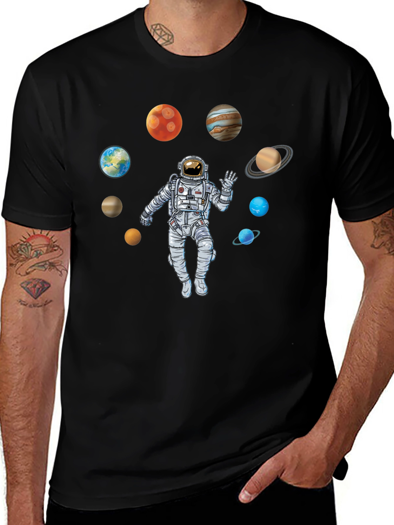 Astronaut Planets Black T-Shirt