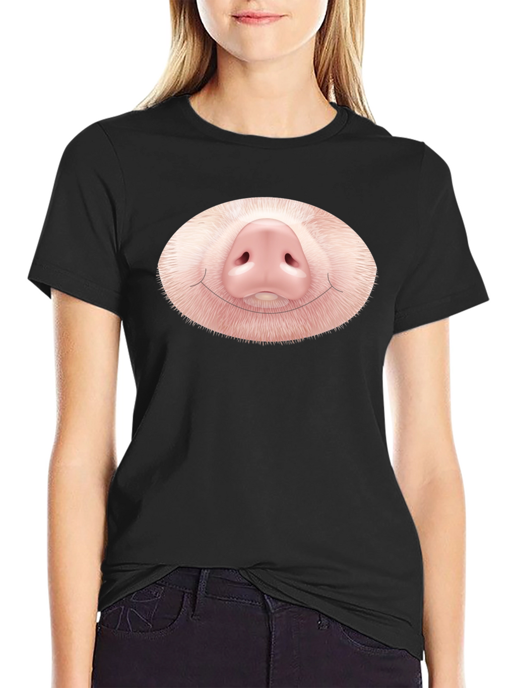 Funny Pig Nose Graphic Black T-Shirt