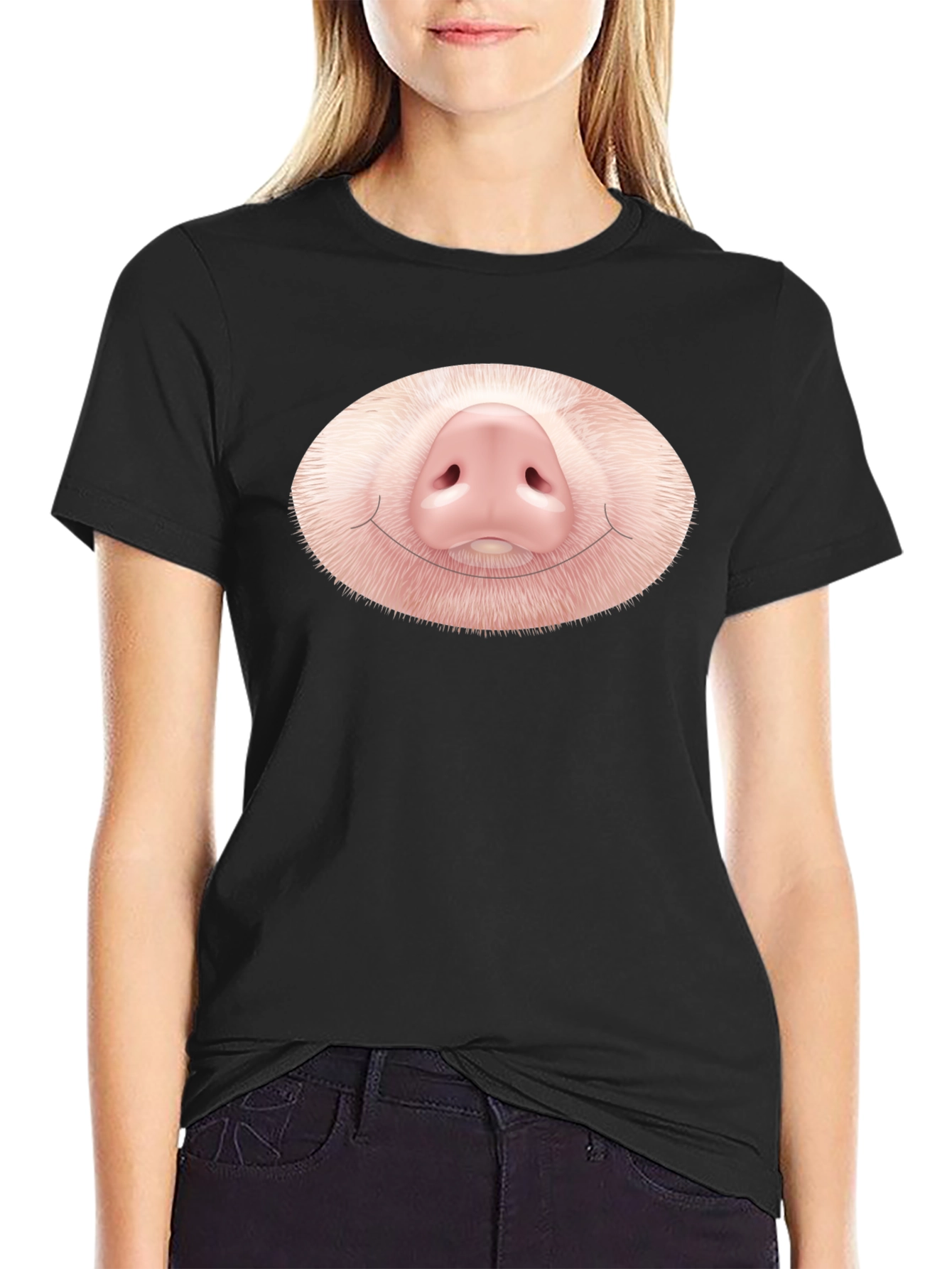 Funny Pig Nose Graphic Black T-Shirt