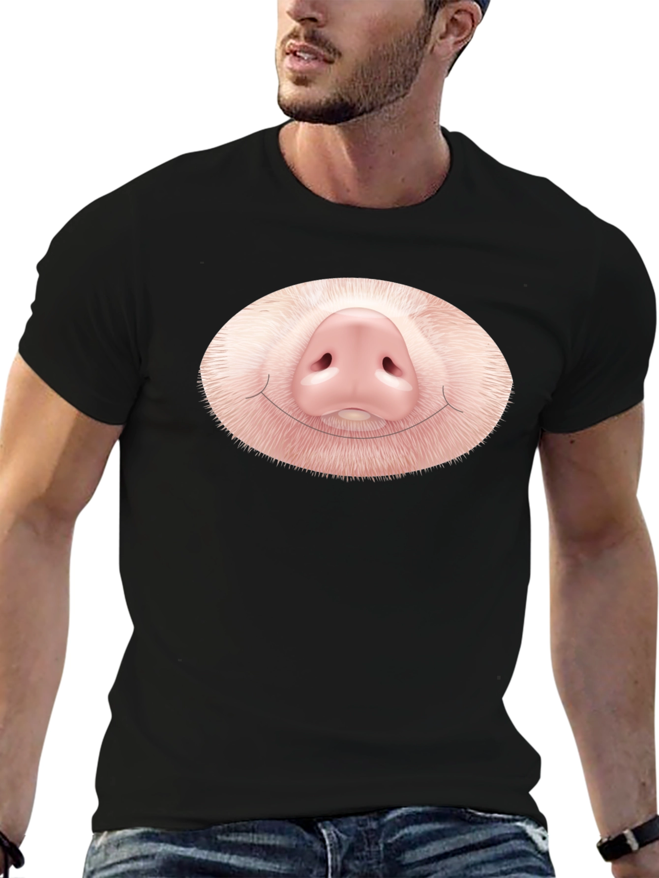 Funny Pig Nose Graphic Black T-Shirt